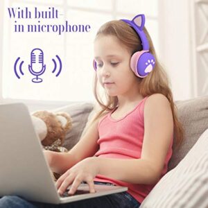 Kids Headphones, Wireless Cat Ear LED Light Up Bluetooth Headphones for Girls w/Microphone, Over On Ear Headset for School/Kindle/Tablet/PC Online Study Birthday Xmas Gift (Dark Purple)