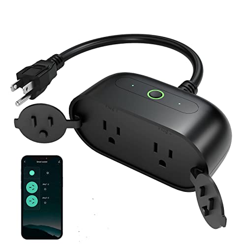 GHome Smart Outdoor Plug, Wi-Fi Smart Outlet Compatible with Alexa and Google Assistant, Remote Control Timer Schedule IPX4 Weatherproof Light Plug, No Hub Required, black