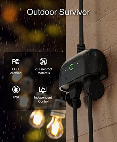 GHome Smart Outdoor Plug, Wi-Fi Smart Outlet Compatible with Alexa and Google Assistant, Remote Control Timer Schedule IPX4 Weatherproof Light Plug, No Hub Required, black