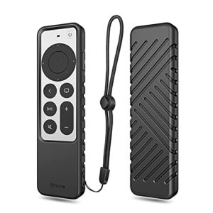 sithon silicone case for apple tv 4k 2022 2021 remote, lightweight shockproof anti slip protective cover with lanyard strap for apple tv 4k / hd siri remote (3rd gen / 2nd gen), black