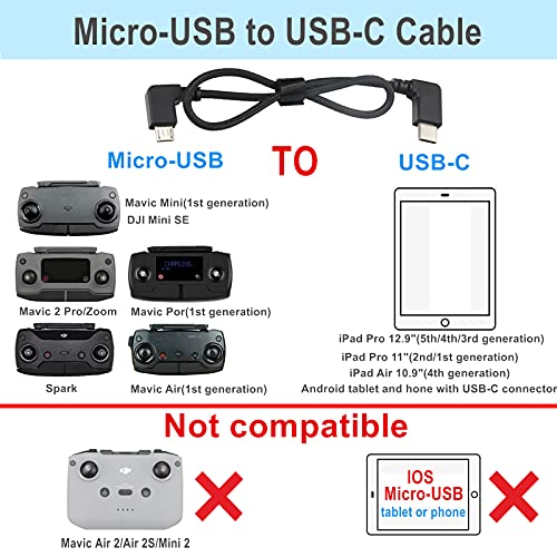 Hanatora 11.4 inch Micro USB to USB C Remote Controller Cable for DJI Mavic Mini,Mini SE,Mavic Air,Mavic 2 Pro/Zoom,Mavic Pro,Spark, Nylon Braised Phone Tablet OTG RC Cord (Type-C Connector)