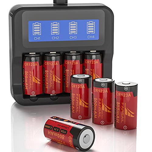 Arlo Batteries Rechargeable 123A, FARSAIL 12-Pack 800mAH ICR17335 NiMH Batteries and LCD Display CR123A Charger for Arlo VMC3030 VMK3200 VMS3130 3230C 3430 3530 Cameras, August Pro WiFi, Flashlight