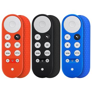 3 pack case for chromecast google tv 4k 2020 voice remote,silicone case for chromecast,shockproof anti slip protective silicone remote cover sleeve skin (red,black,dark blue)