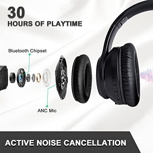 Olyre Active Noise Cancelling Headphones Wireless Over Ear Bluetooth Headset with Mic, 30H Playtime Stereo Earphones with Soft Protein Earmuffs for Travel Home Office Tablet PC