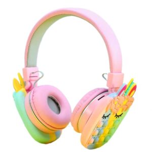 wireless bluetooth noise cancelling over-ear headphone silicone fidget pop built-in mic on-ear stereo headset for smartphone tablet computer (pink unicorn)