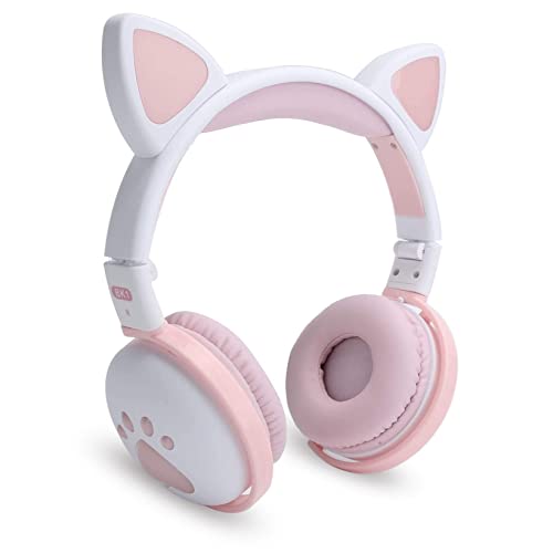 Wisoqu Cute Cat Ear Glowing Wireless Bluetooth Headphone HiFi Sports Folding Headset with Led Light Cat Ear Bluetooth Headphones Over Ear Childrens Foldable Headphones(Milk Powder White)