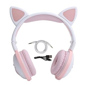 Wisoqu Cute Cat Ear Glowing Wireless Bluetooth Headphone HiFi Sports Folding Headset with Led Light Cat Ear Bluetooth Headphones Over Ear Childrens Foldable Headphones(Milk Powder White)