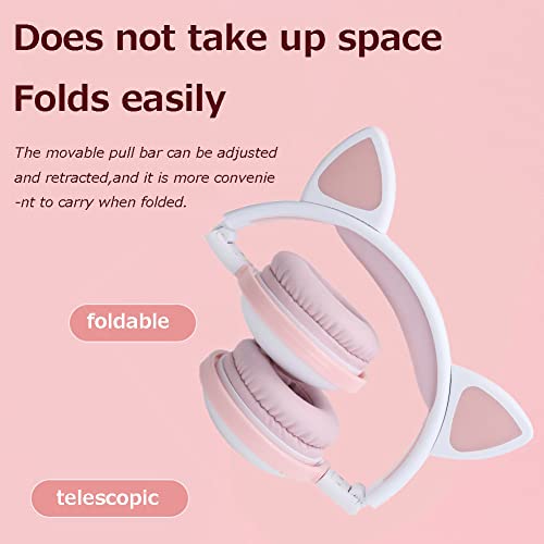 Wisoqu Cute Cat Ear Glowing Wireless Bluetooth Headphone HiFi Sports Folding Headset with Led Light Cat Ear Bluetooth Headphones Over Ear Childrens Foldable Headphones(Milk Powder White)