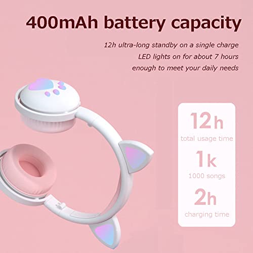 Wisoqu Cute Cat Ear Glowing Wireless Bluetooth Headphone HiFi Sports Folding Headset with Led Light Cat Ear Bluetooth Headphones Over Ear Childrens Foldable Headphones(Milk Powder White)