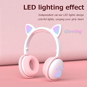 Wisoqu Cute Cat Ear Glowing Wireless Bluetooth Headphone HiFi Sports Folding Headset with Led Light Cat Ear Bluetooth Headphones Over Ear Childrens Foldable Headphones(Milk Powder White)