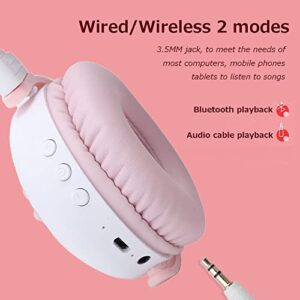 Wisoqu Cute Cat Ear Glowing Wireless Bluetooth Headphone HiFi Sports Folding Headset with Led Light Cat Ear Bluetooth Headphones Over Ear Childrens Foldable Headphones(Milk Powder White)