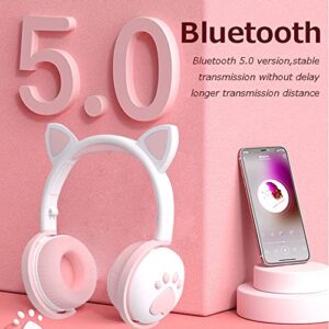 Wisoqu Cute Cat Ear Glowing Wireless Bluetooth Headphone HiFi Sports Folding Headset with Led Light Cat Ear Bluetooth Headphones Over Ear Childrens Foldable Headphones(Milk Powder White)