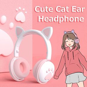 Wisoqu Cute Cat Ear Glowing Wireless Bluetooth Headphone HiFi Sports Folding Headset with Led Light Cat Ear Bluetooth Headphones Over Ear Childrens Foldable Headphones(Milk Powder White)