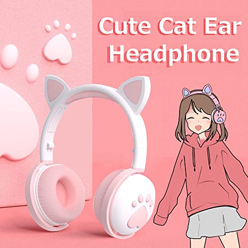 Wisoqu Cute Cat Ear Glowing Wireless Bluetooth Headphone HiFi Sports Folding Headset with Led Light Cat Ear Bluetooth Headphones Over Ear Childrens Foldable Headphones(Milk Powder White)