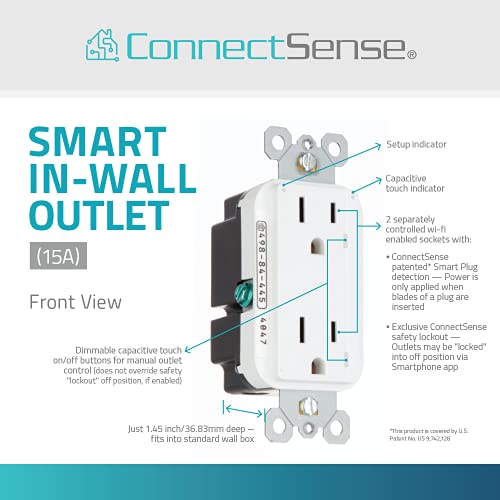 ConnectSense Smart In-Wall Outlet, WiFi Connected Electrical Smart Wall Socket That's Compatible With Amazon Alexa, Apple HomeKit Siri and Google Assistant (15A)