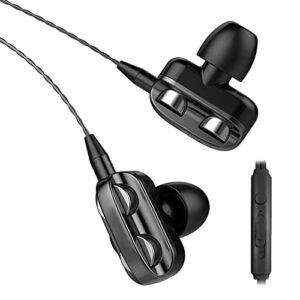 earbuds wired with microphone, noise isolating in-ear headphones, powerful heavy bass, hifi, dual driver, earphones compatible with iphones, ipods, ipads, mp3, samsungs, and most 3.5mm jack black