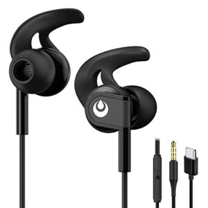 fixscad m361 sports earbuds wired, in ear running headphone with microphone, anti-slip shark ear hook earphones for workout exercise gym, compatible with iphone android phones pc, with type-c adapter