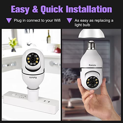 ratolo Light Bulb Security Camera Wireless WiFi Outdoor Indoor, Home Security Cameras 1080P Pan Tilt 2.4Ghz 360 Degree Human Motion Detection Alarm Night Vision Two-Way Talk E27 Socket