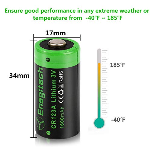 Enegitech CR123A Lithium Battery Non-Rechargeable 3V 1600mAh with PTC Protection UL Certified for Arlo Security System VMS3230 Polaroid Camera Flashlight Torch Laser Pointer-12 Pack