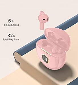 eDealz in-Ear Wireless Bluetooth 5.1 Headphones, Earbuds IPX7 Waterproof with Microphone Rechargeable USB C Case with Round LCD Display for Smartphones Android iOS (Pink)