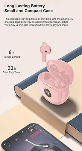 eDealz in-Ear Wireless Bluetooth 5.1 Headphones, Earbuds IPX7 Waterproof with Microphone Rechargeable USB C Case with Round LCD Display for Smartphones Android iOS (Pink)