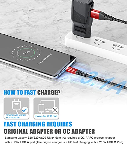 sweguard USB Type C Cable 3.1A Fast Charging [3Pack,10ft+6.6ft+3.3ft], USB-A to USB-C Charger Nylon Braided Cord for Samsung Galaxy S21 S20 S10 S9 S8 Plus,Note 20 10 9 8 7,A71 A51 A32,LG,Moto,PS5-Red