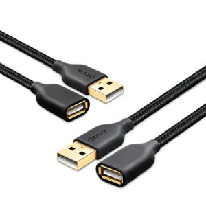 okray usb extension cable 10ft, 2 pack nylon braided usb 2.0 extender cable cord – a male to a female with gold-plated connector compatible for usb flash drive, mouse, keyboard, printer (black black)
