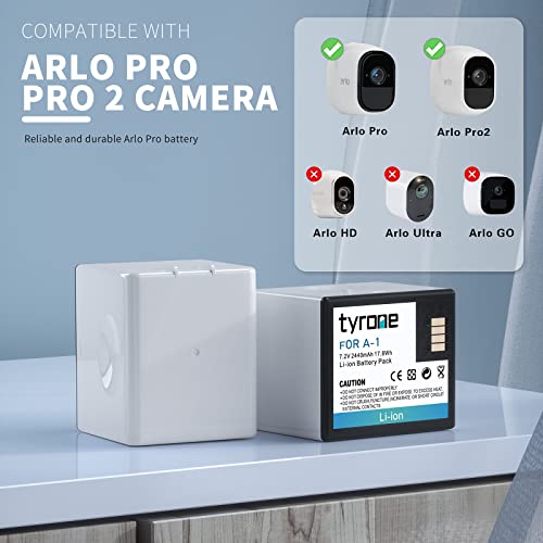 Arlo Pro 2 Batteries , tyrone Rechargeable 7.2V 2440mAh Arlo Battery Replacement for Arlo Pro/Arlo Pro 2 Camera VMA4400 [ NO for Arlo Ultra/Arlo Pro 3 ] 4 Pack A-1 Battery with 2-Bay Charger