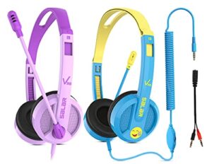 qearfun 2 pack kids headphones with microphone for school, wired headphones for kids with rotatable & extendable mic, boys & girls online learning headsets for tablet/pc/classroom/travel (purpleblue)