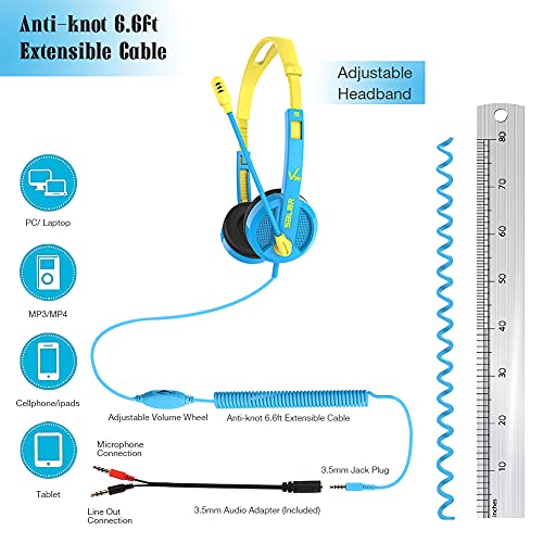 QearFun 2 Pack Kids Headphones with Microphone for School, Wired Headphones for Kids with Rotatable & Extendable Mic, Boys & Girls Online Learning Headsets for Tablet/PC/Classroom/Travel (PurpleBlue)