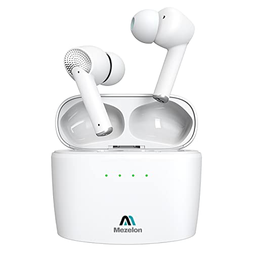 Mezelon Active Noise Cancelling Wireless Earbuds, Premium Deep Bass, Built-in HD Mic, Immersive Sound, IPX5 Waterproof Bluetooth 5.2 HiFi Stereo in-Ear Headphones Headset for iPhone/Android (White)