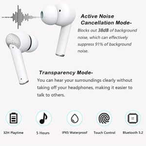 Mezelon Active Noise Cancelling Wireless Earbuds, Premium Deep Bass, Built-in HD Mic, Immersive Sound, IPX5 Waterproof Bluetooth 5.2 HiFi Stereo in-Ear Headphones Headset for iPhone/Android (White)