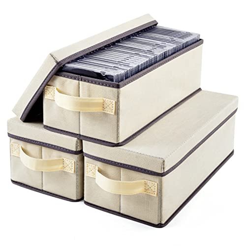 HATTERTOP CD Storage Box Set of 3, DVD Storage Case 14.2 x 6.3 x 5.5 Inch CD Case Storage with Lids & Handles to Store up to 165 Discs for Car Travel Home - Beige