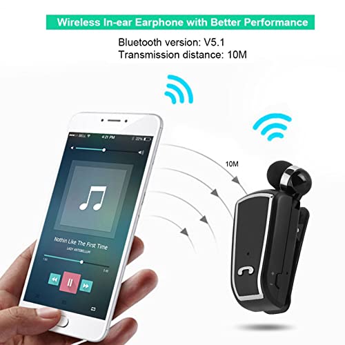 Zerone Bluetooth Headset Stereo Retractable Bluetooth V5.1 Earpiece Single in-Ear Wireless Sports Earphone Caller ID, Voice Prompts iOS Power Display, for Phone Devices (Black)