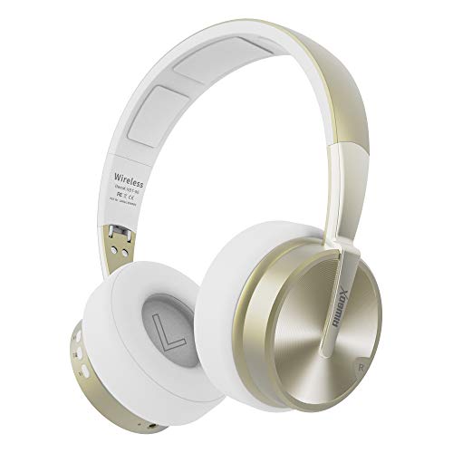 Bluetooth Headphones, Riwbox XBT-90 Foldable Wireless Bluetooth Headphones Over Ear Hi-Fi Stereo Wireless Headset with Mic/TF Card and Volume Control Compatible for PC/Cell Phones/TV/ipad (White&Gold)