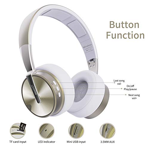 Bluetooth Headphones, Riwbox XBT-90 Foldable Wireless Bluetooth Headphones Over Ear Hi-Fi Stereo Wireless Headset with Mic/TF Card and Volume Control Compatible for PC/Cell Phones/TV/ipad (White&Gold)