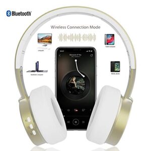 Bluetooth Headphones, Riwbox XBT-90 Foldable Wireless Bluetooth Headphones Over Ear Hi-Fi Stereo Wireless Headset with Mic/TF Card and Volume Control Compatible for PC/Cell Phones/TV/ipad (White&Gold)