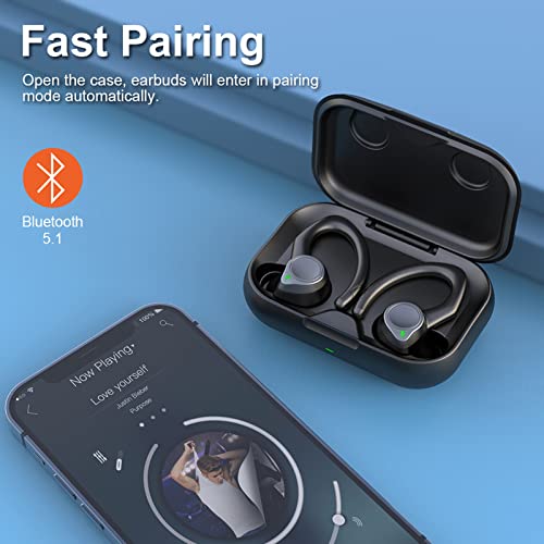 Wireless Earbuds with Earhooks Bluetooth 5.1 Sport Over Ear Headphones Waterproof in Ear HIFI Stereo Ear Buds Microphone Long Battery Life with Charging Case Earphones for Running Workout Android iOS
