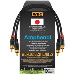 0.5 foot – high-definition audio interconnect cable pair custom made by worlds best cables – using mogami 2964 wire and amphenol acpl black chrome body, gold plated rca connectors