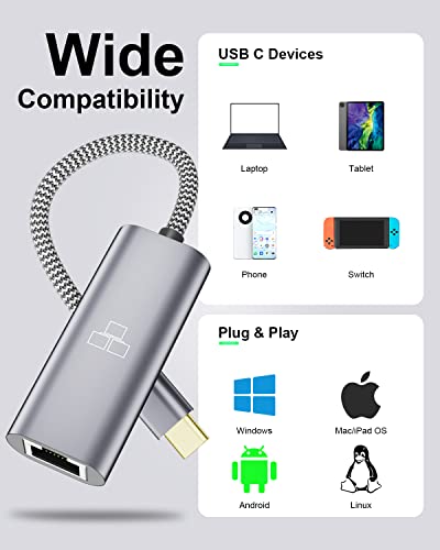 USB C to Ethernet Adapter, 1Gbps USB-C to RJ45 LAN Adapter, Type-C to Ethernet Adapter [Thunderbolt 3 Compatible] Compatible with MacBook and Windows Laptop