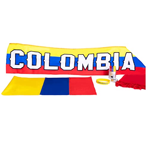 CRUZONE World Cup Accessories for Colombian Soccer Fans Scarf Bandana and Bracelet with Flag Colors and Printed Country Name for all Ages and Genders Set of 3