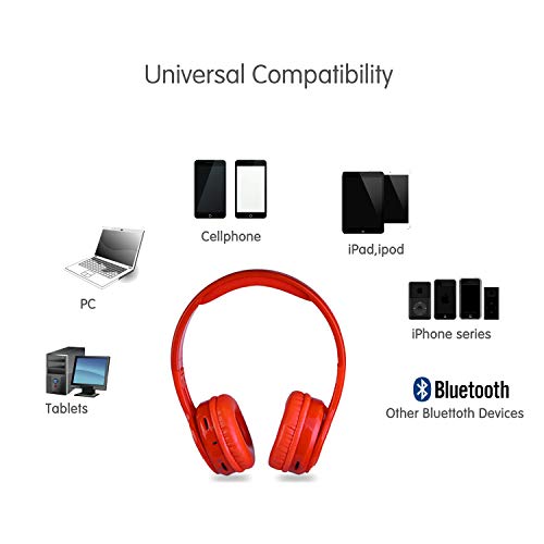 Contixo KB-2600 Over Ear Headphones - Wireless Bluetooth Headphones Kids Safe - 85dB with Volume Limited with Long Lasting Battery - Built-in Mic - Micro SD Card Slot - FM Stereo Radio (RED)