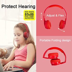 Contixo KB-2600 Over Ear Headphones - Wireless Bluetooth Headphones Kids Safe - 85dB with Volume Limited with Long Lasting Battery - Built-in Mic - Micro SD Card Slot - FM Stereo Radio (RED)