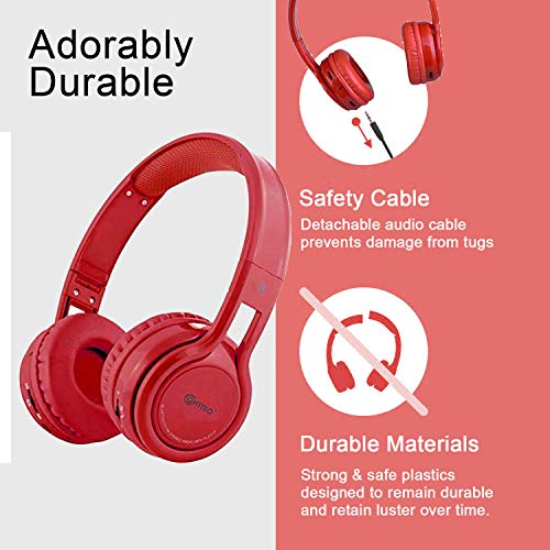 Contixo KB-2600 Over Ear Headphones - Wireless Bluetooth Headphones Kids Safe - 85dB with Volume Limited with Long Lasting Battery - Built-in Mic - Micro SD Card Slot - FM Stereo Radio (RED)