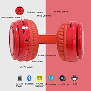 Contixo KB-2600 Over Ear Headphones - Wireless Bluetooth Headphones Kids Safe - 85dB with Volume Limited with Long Lasting Battery - Built-in Mic - Micro SD Card Slot - FM Stereo Radio (RED)