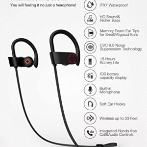 Gspmoly Bluetooth Headphones, IPX7 Waterproof Sports Earphones 10H Playtime with Mic HD Stereo Sound in-Ear Earbuds Noise Cancelling Headsets Running Workout, Compatible with Android/iOS