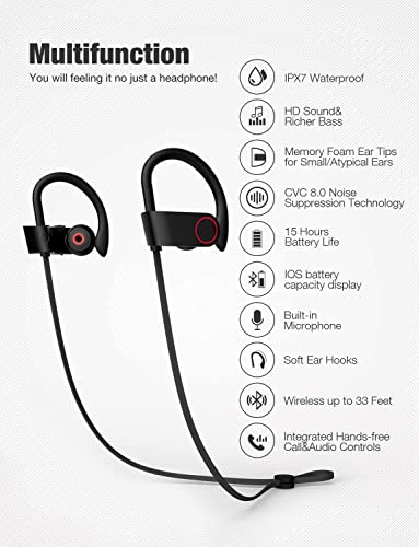 Gspmoly Bluetooth Headphones, IPX7 Waterproof Sports Earphones 10H Playtime with Mic HD Stereo Sound in-Ear Earbuds Noise Cancelling Headsets Running Workout, Compatible with Android/iOS