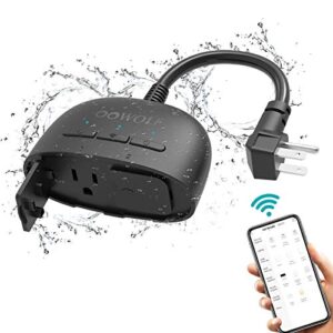 oowolf outdoor smart plug with 2 sockets, ip64 waterproof wifi outlet compatible with alexa and google home, wireless remote control/timer by smart phone, individual control, 2.4 ghz network, black