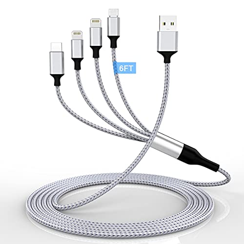 iPhone Charging Cable 1.8M/6Ft Multi 4 in 1 USB Universal Fast Charging Cord Multi Charging Cable Lightningx2+Type C+Micro USB Port Connectors Adapter for Android/Apple/iOS/Samsung/LG/Huawei/XiaoMi