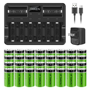 Taken 32 Pack 3.7V 750mAh 123A Rechargeable Batteries and 8-Ports LED Charger Compatible with Arlo Cameras (VMC3030/VMK3200/VMS3330/3430/3530), Flashlight, Microphone